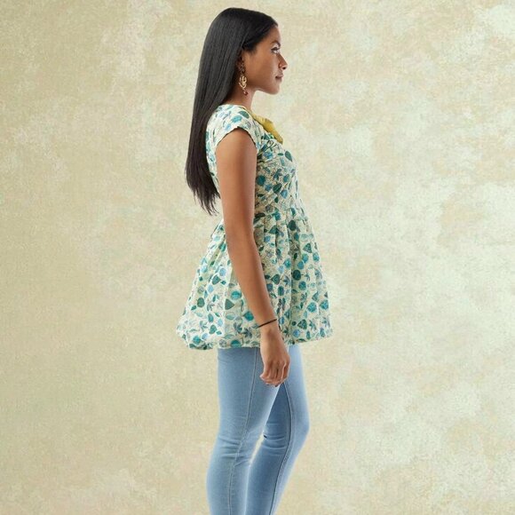 Light Green Printed Short Top with Collar | Muvvas Boutique - Picture 3 of 4